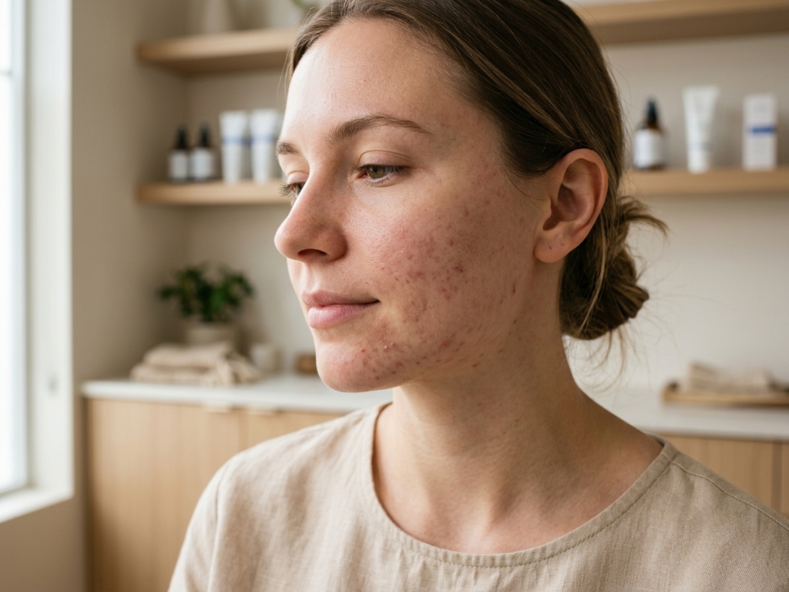 Woman with mild acne and natural skin texture