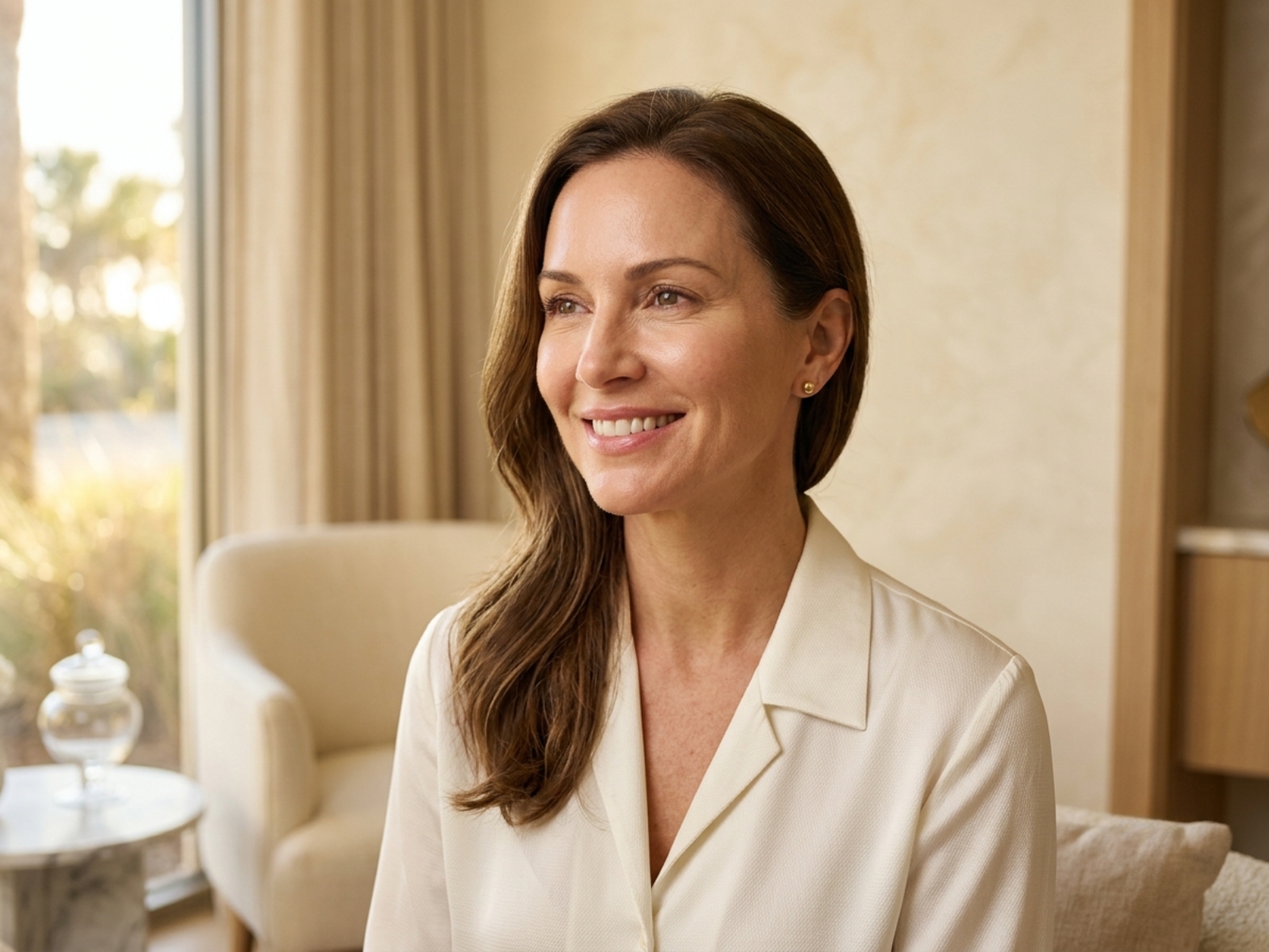 Woman with healthy-looking skin in warm natural light