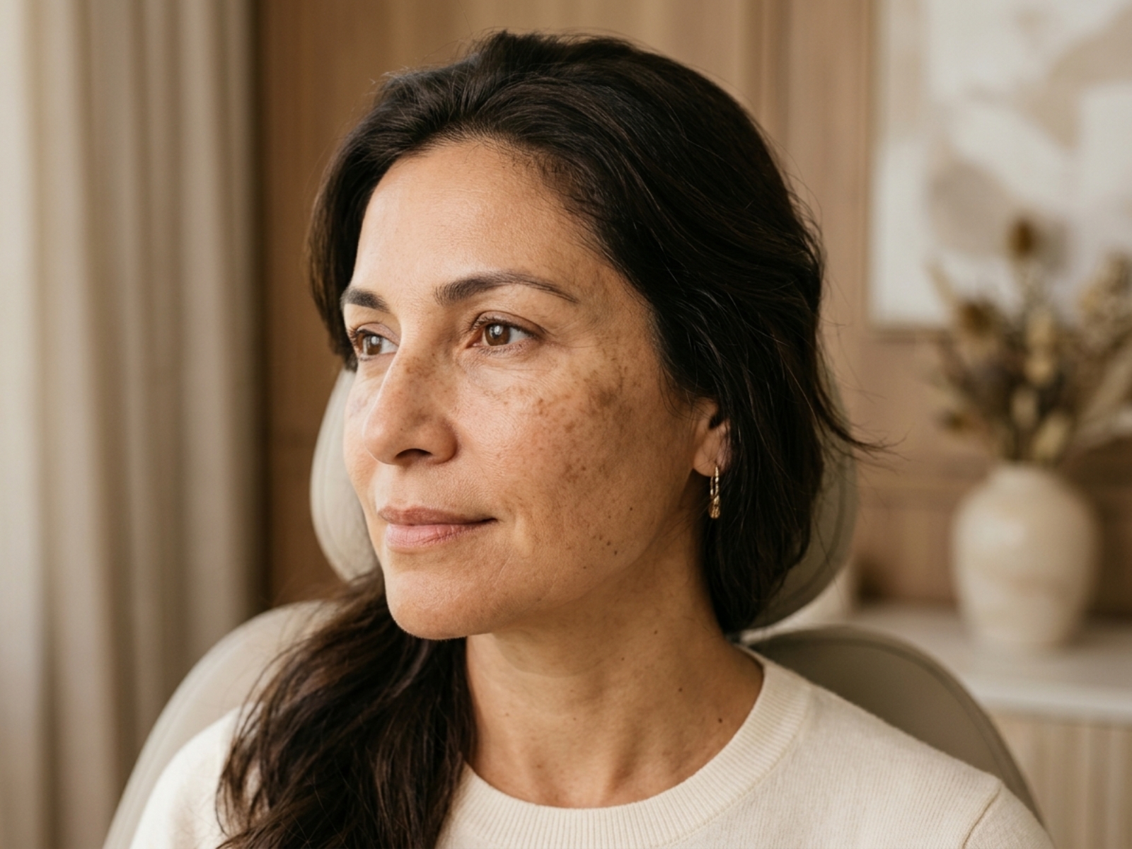 Woman with mild facial sun spots and uneven pigmentation
