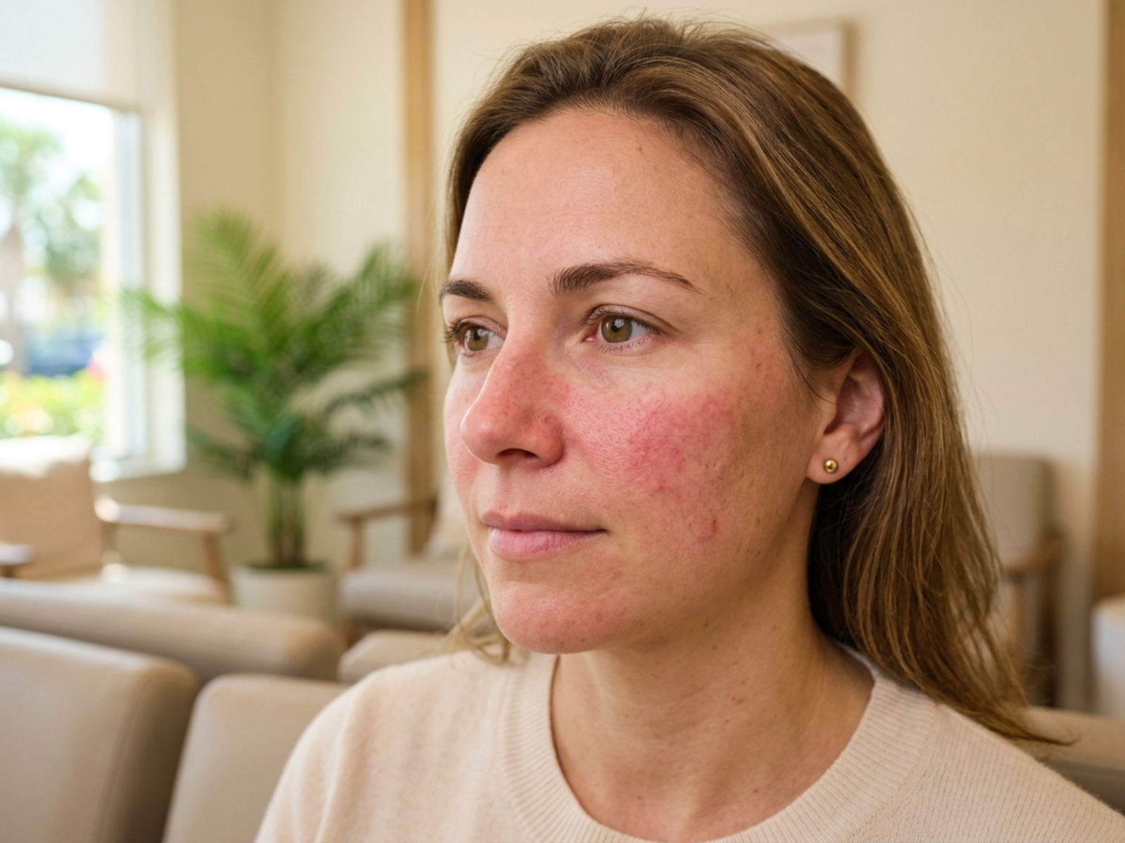 Woman with visible facial redness across the cheeks