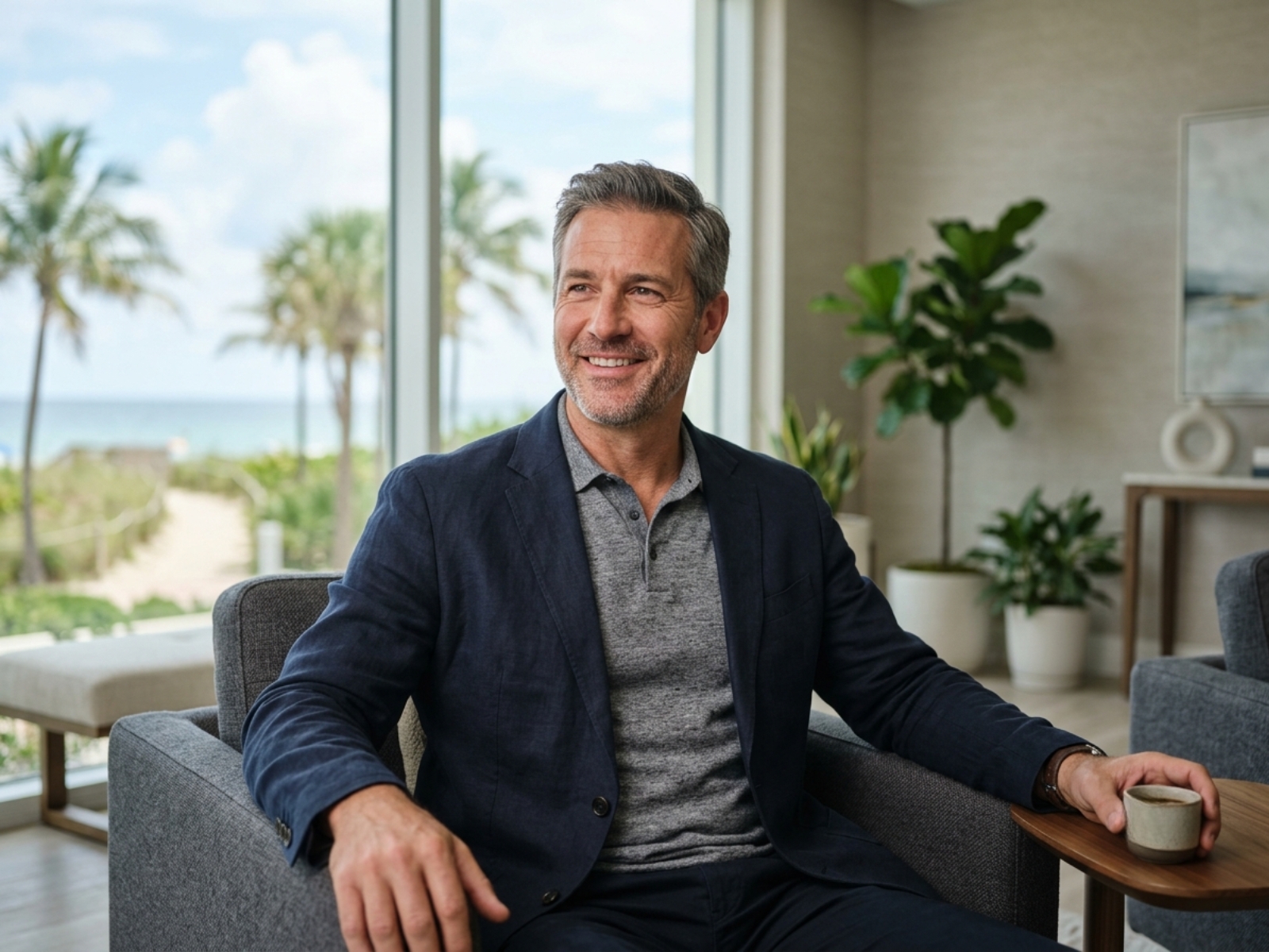 Man seated in a bright coastal office
