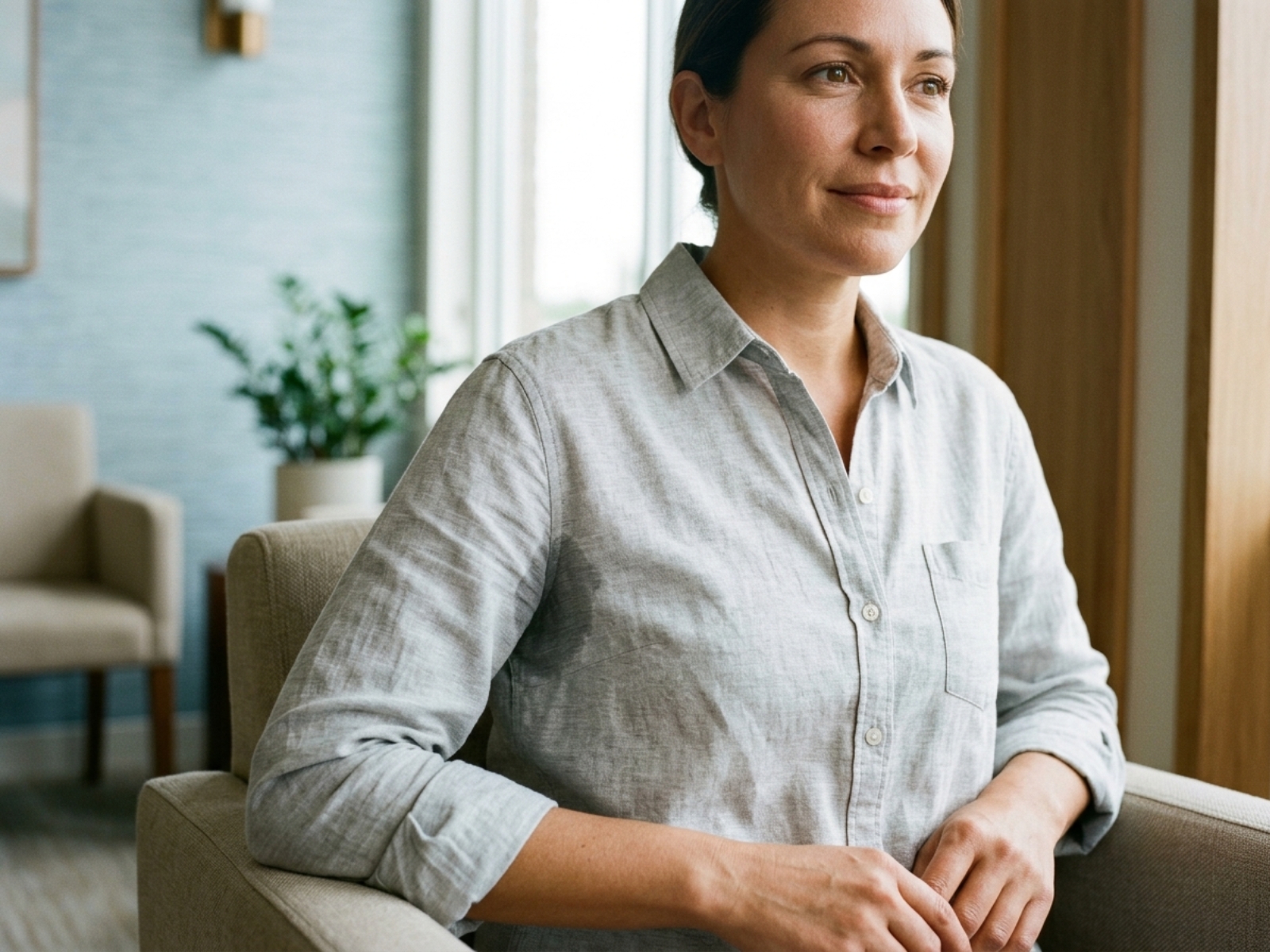 Woman seated indoors in a light gray shirt
